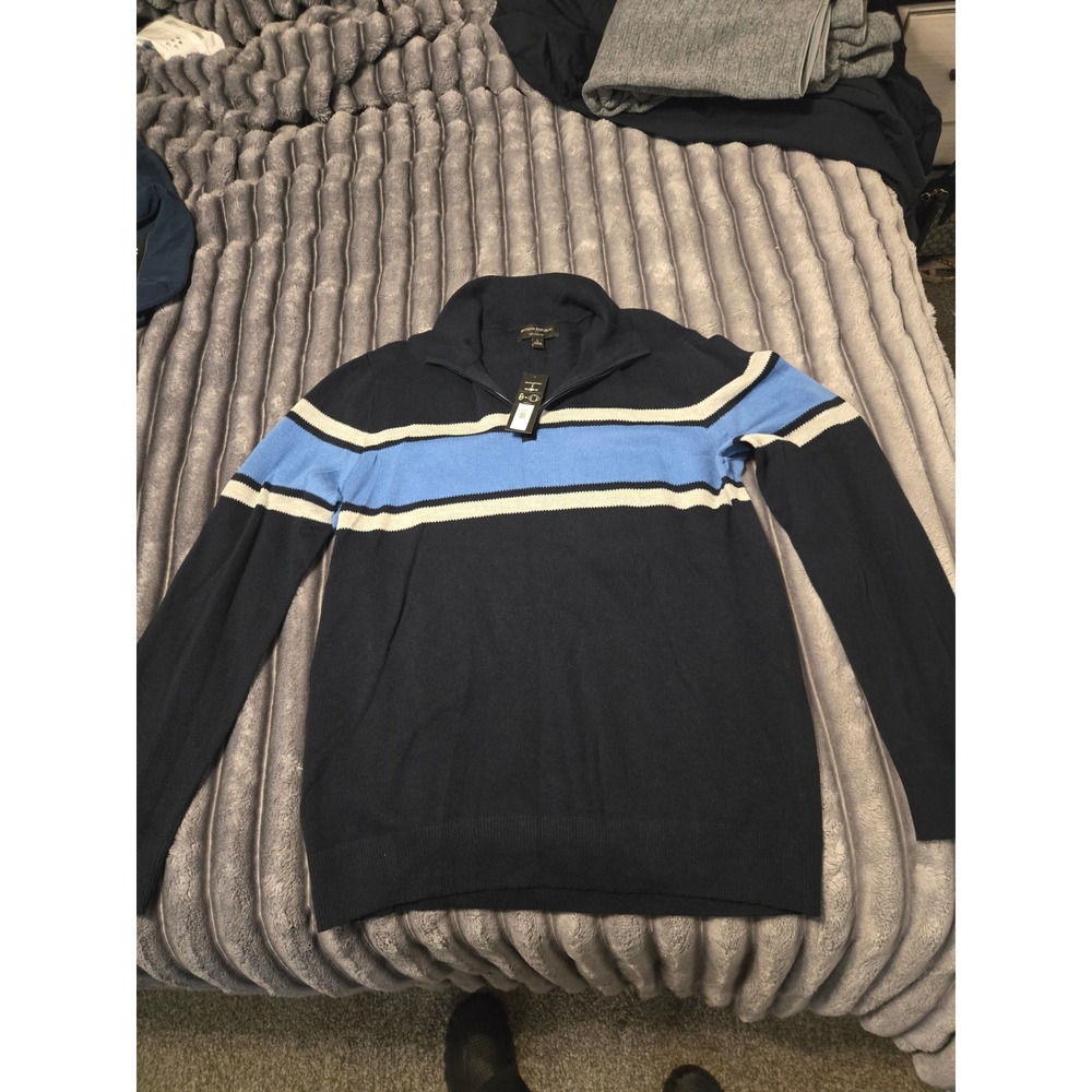 Banana Republic Mens Eco Sweater Navy Blue Striped Quarter Zip Pullover Large